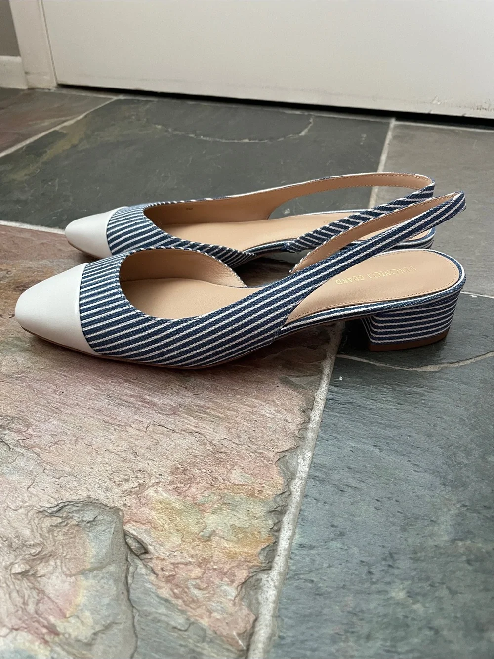 New Veronica Beard Cecile Slingback Pumps Blue White Stripe Low Heel Sz 8